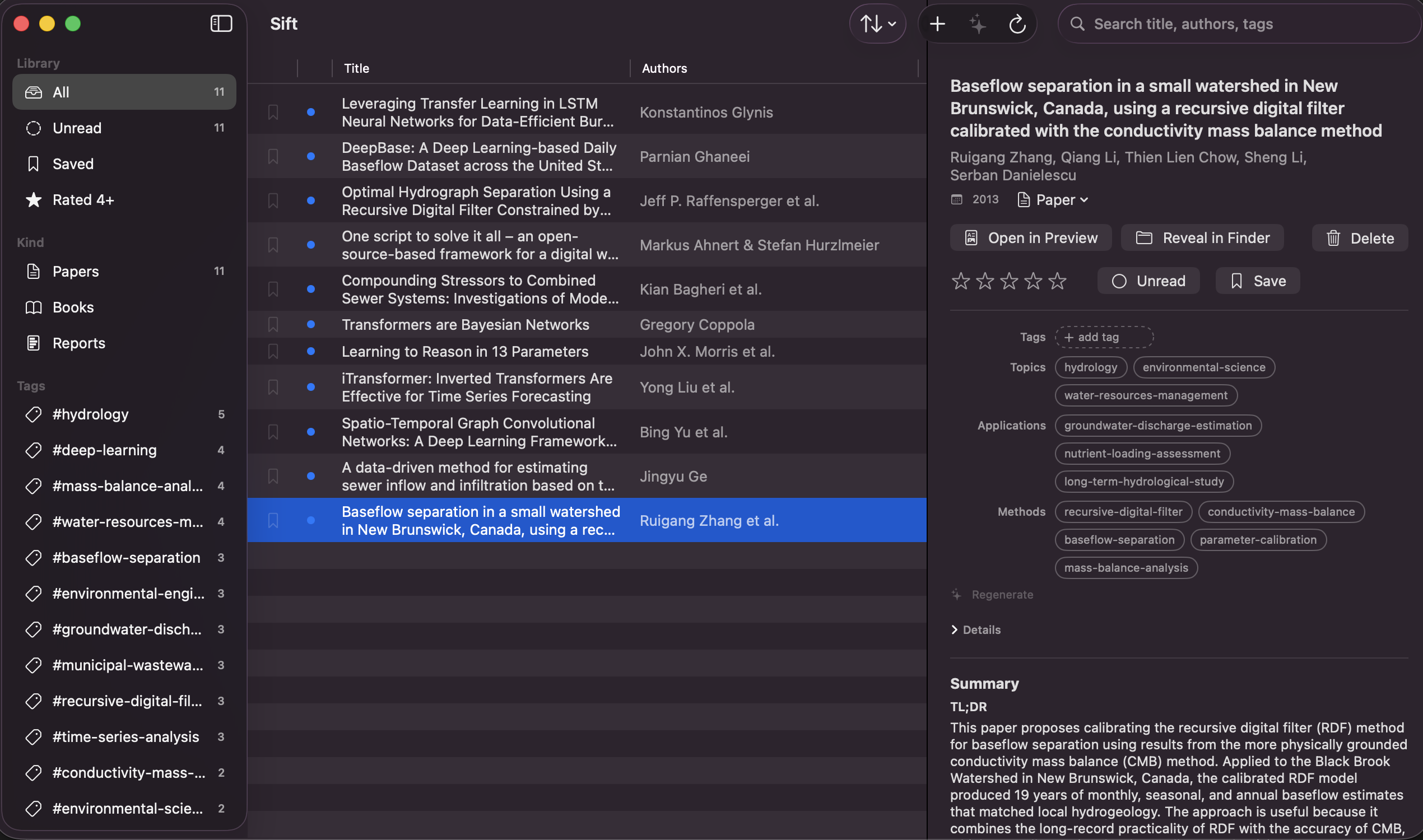 Sift's three-pane window. Left sidebar shows Library filters (All, Unread, Saved, Rated 4+) and a tag list. Centre pane lists papers with titles, authors, years, and star ratings. Right detail pane shows the selected paper's title, five-star rating, and tag chips grouped by Topics, Methods, and Applications, with an Open in Preview button.